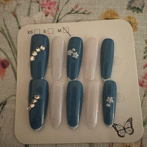 Blue and White Press-On Nails with Rhinestones